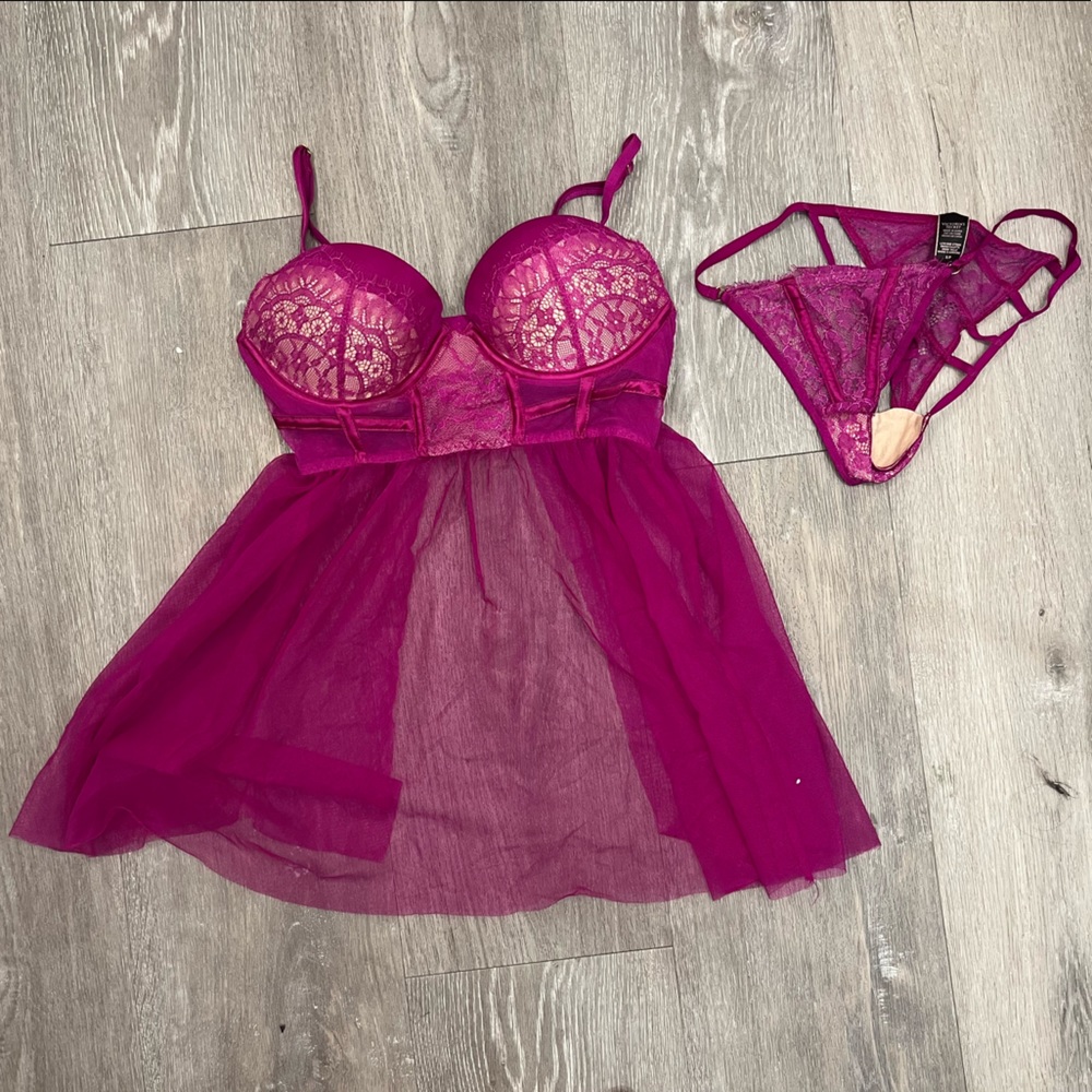 New Victorias Secret Very Sexy Fuchsia Lace Baby Doll Lingerie 34B ❤️❤️
